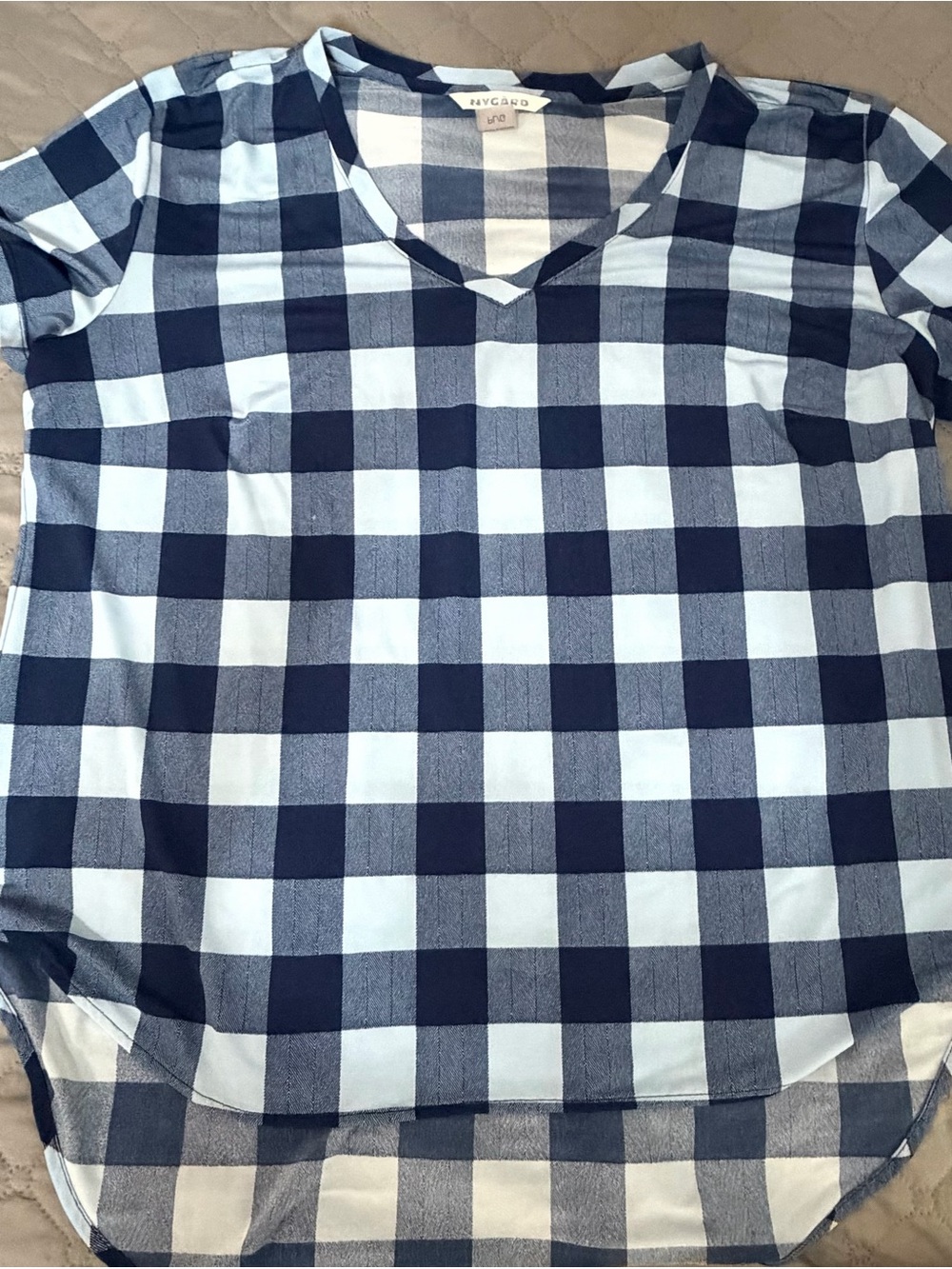 Navy and Light Blue Checked V-Neck Women's Blouse